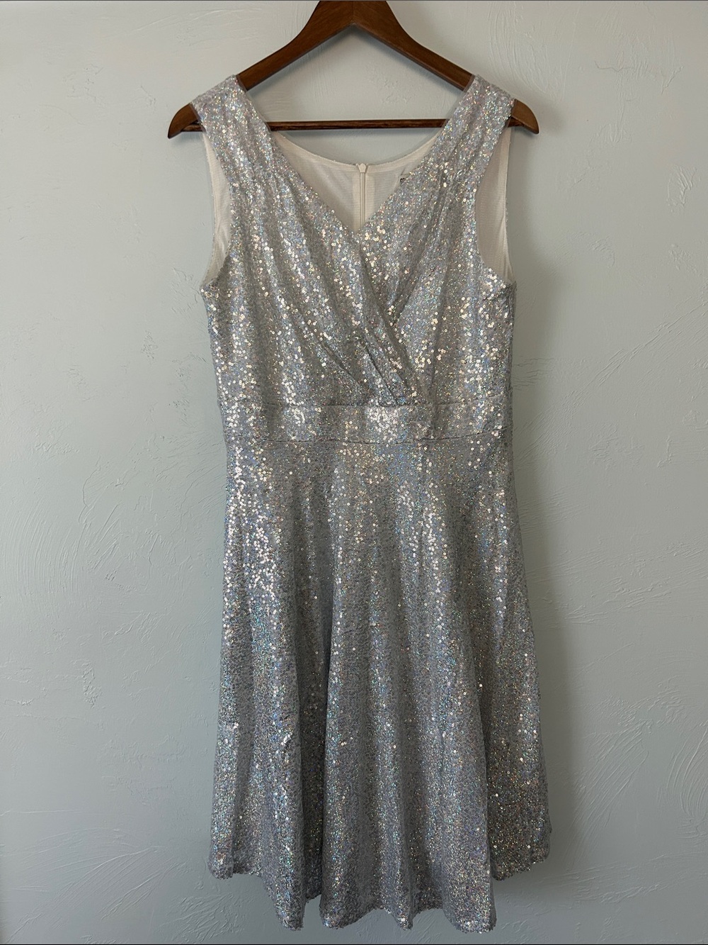 Grace Karin Silver Sequin V-Neck Fit & Flare Dress